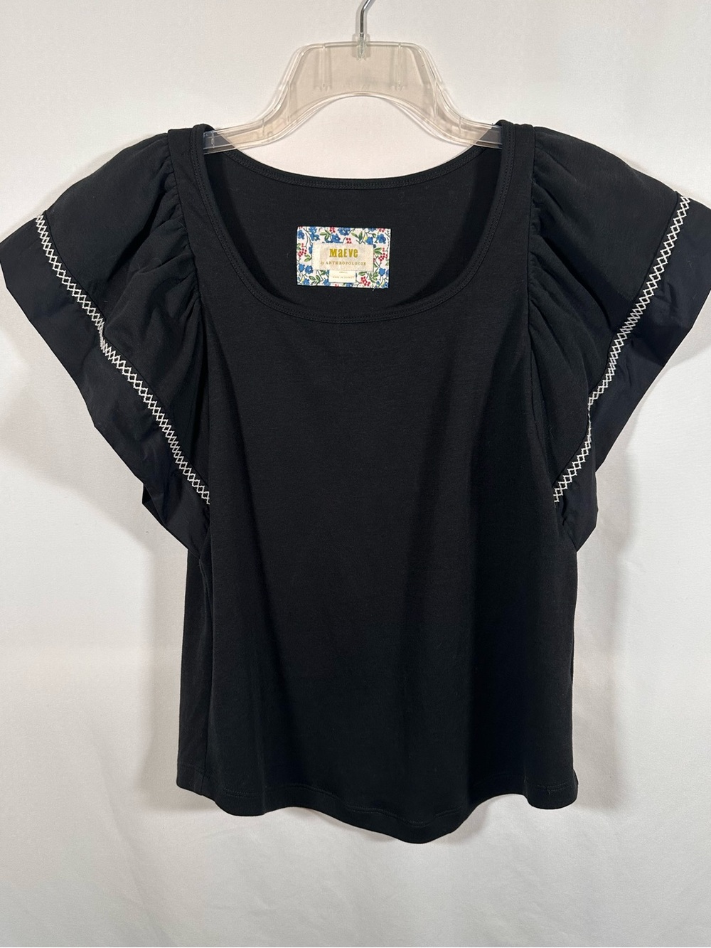 Maeve Anthropologie Black Puff‎ Sleeve Top Contrast Zig Zag Stitching Small
